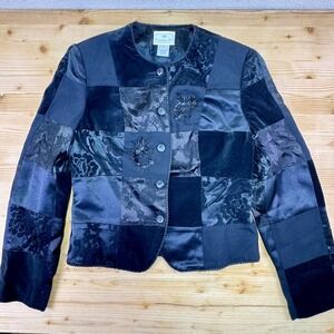 Susan Bristol Patchwork‎ Velvet Jacket Black Gray Size 8 Beaded Floral Vintage
